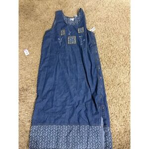 Vintage Carolina Bay Denim Maxi Dress Floral Embroidery Calico Patch Blue Medium